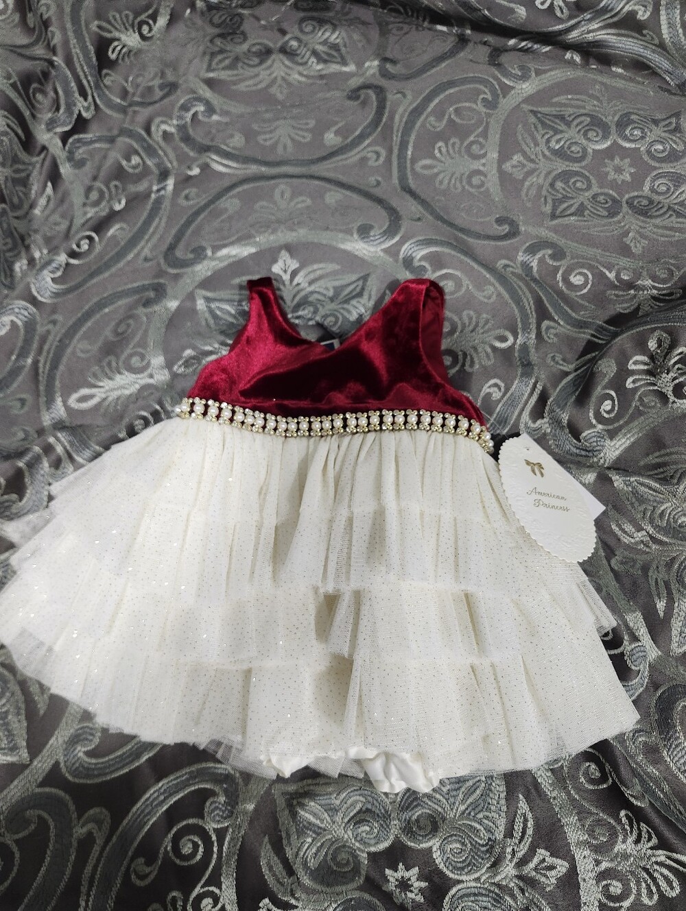 Baby girls american princess red velvet sparkle cream tulle dress pearl beads